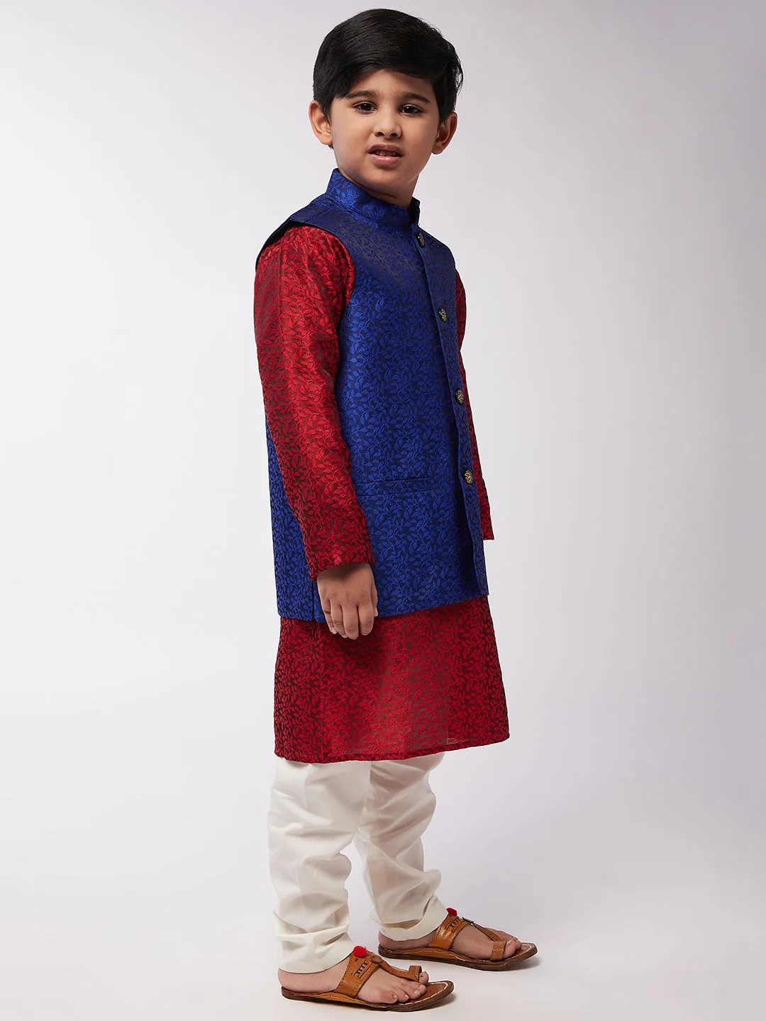 Kid's Jacquard Silk Maroon Kurta & RBlue Nehrujacket With Off-White Churidar Pyjama Set  - Sojanya KID