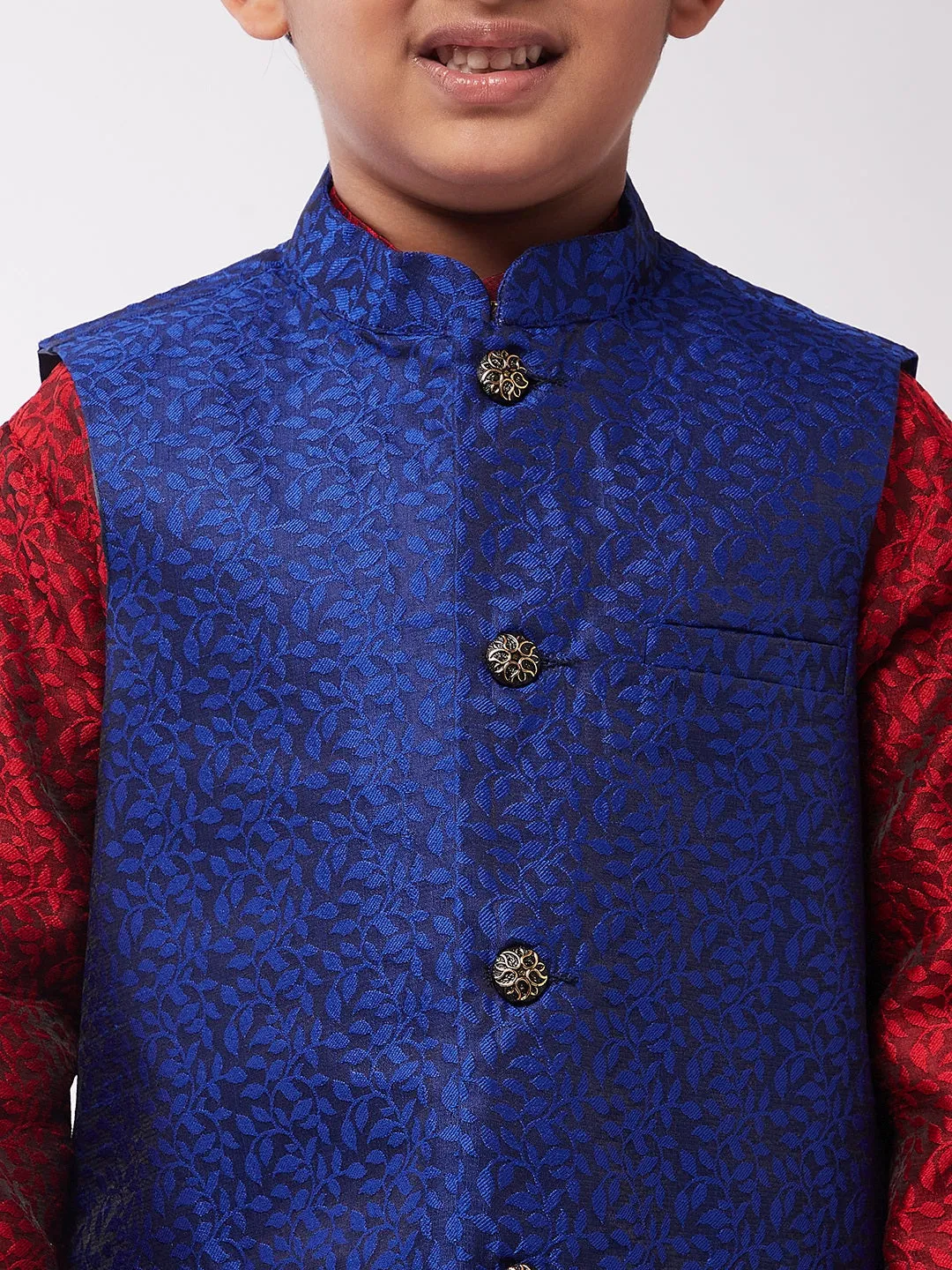 Kid's Jacquard Silk Maroon Kurta & RBlue Nehrujacket With Off-White Churidar Pyjama Set  - Sojanya KID