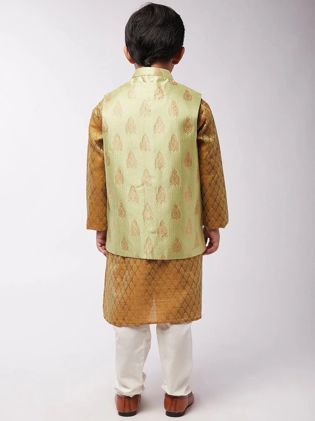 Kid's Jacquard Silk Mustard Kurta & Green Nehrujacket With Off-White Churidaar Pyjama Combo - Sojanya KID