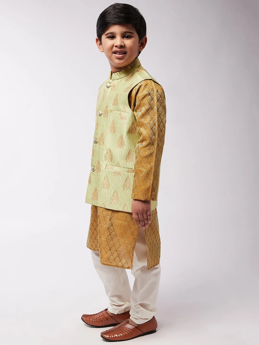 Kid's Jacquard Silk Mustard Kurta & Green Nehrujacket With Off-White Churidaar Pyjama Combo - Sojanya KID