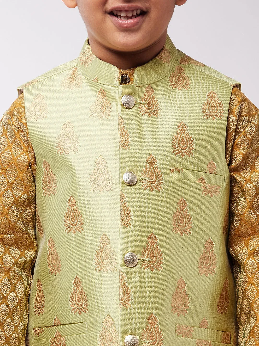 Kid's Jacquard Silk Mustard Kurta & Green Nehrujacket With Off-White Churidaar Pyjama Combo - Sojanya KID