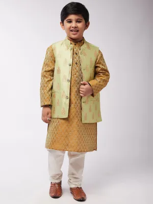 Kid's Jacquard Silk Mustard Kurta & Green Nehrujacket With Off-White Churidaar Pyjama Combo - Sojanya KID