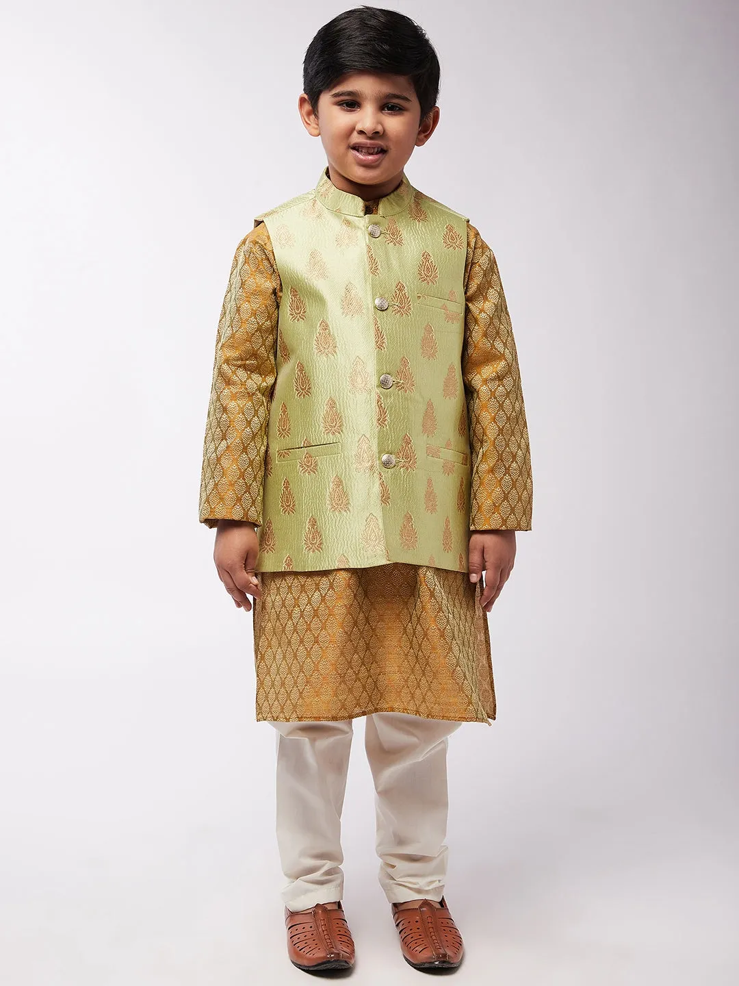 Kid's Jacquard Silk Mustard Kurta & Green Nehrujacket With Off-White Churidaar Pyjama Combo - Sojanya KID