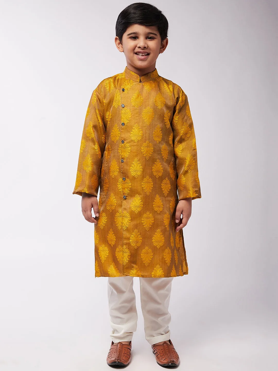 Kid's Jacquard Silk Mustard Self Design Kurta & Off-White Churidar Pyjama Set - Sojanya KID