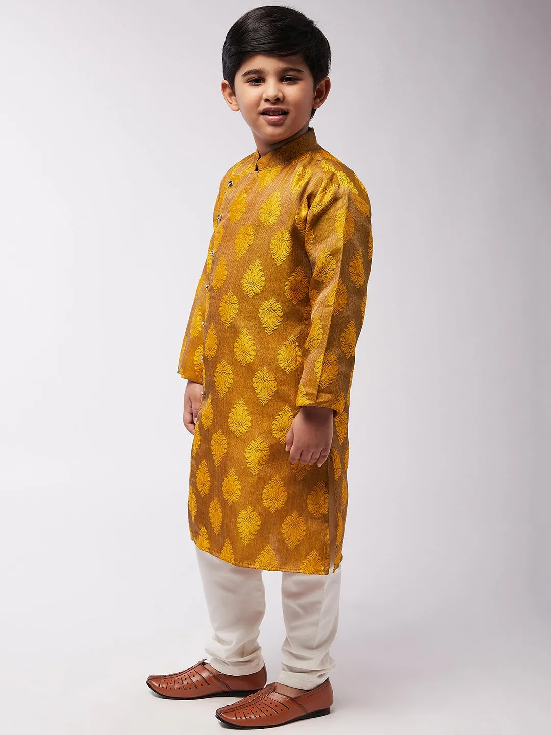 Kid's Jacquard Silk Mustard Self Design Kurta & Off-White Churidar Pyjama Set - Sojanya KID