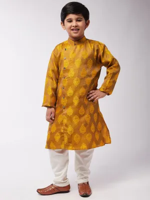 Kid's Jacquard Silk Mustard Self Design Kurta & Off-White Churidar Pyjama Set - Sojanya KID