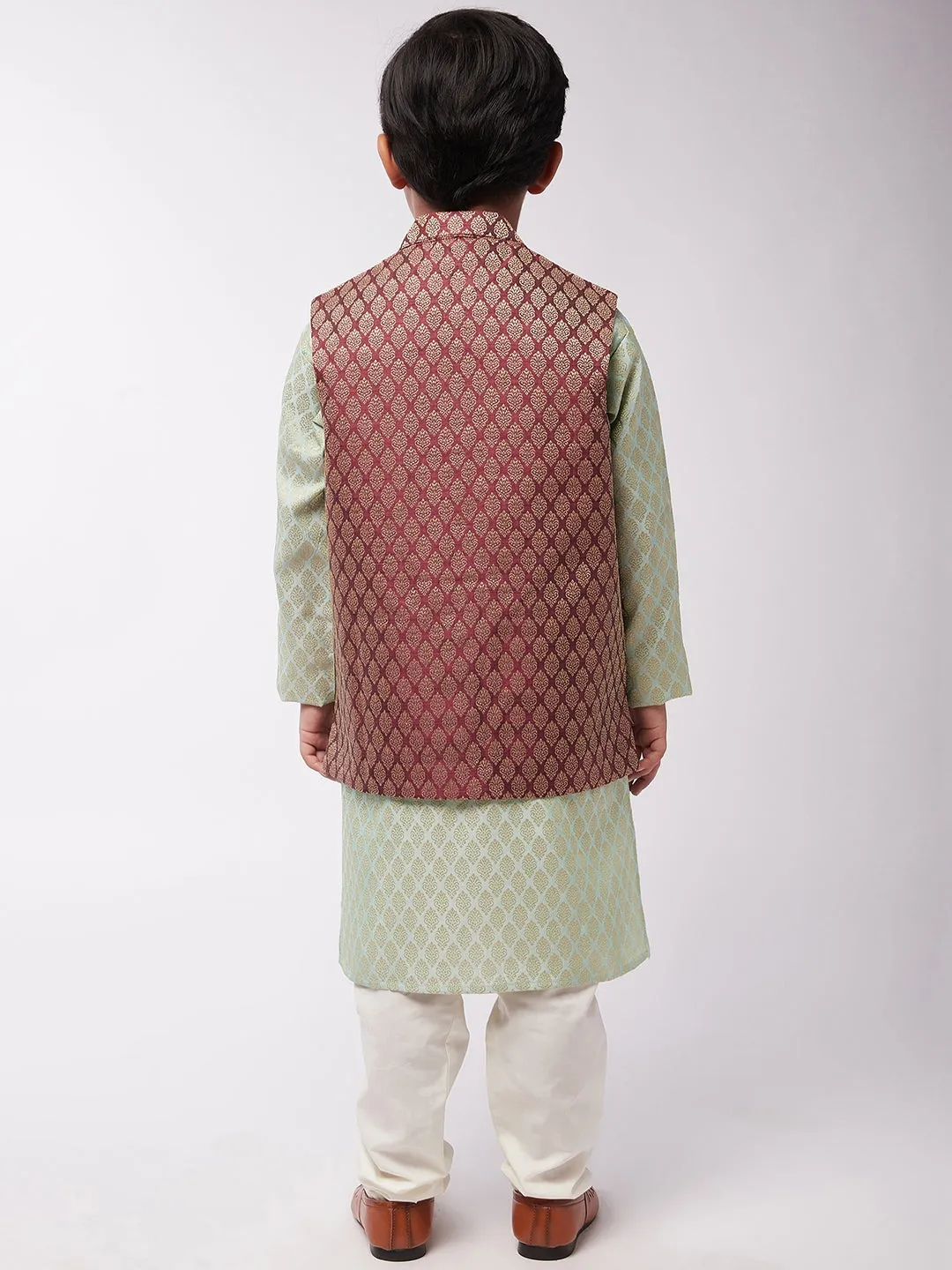 Kid's Jacquard Silk Pista Green Kurta & Maroon Nehrujacket With Off-White Churidaar Pyjama Combo - Sojanya KID