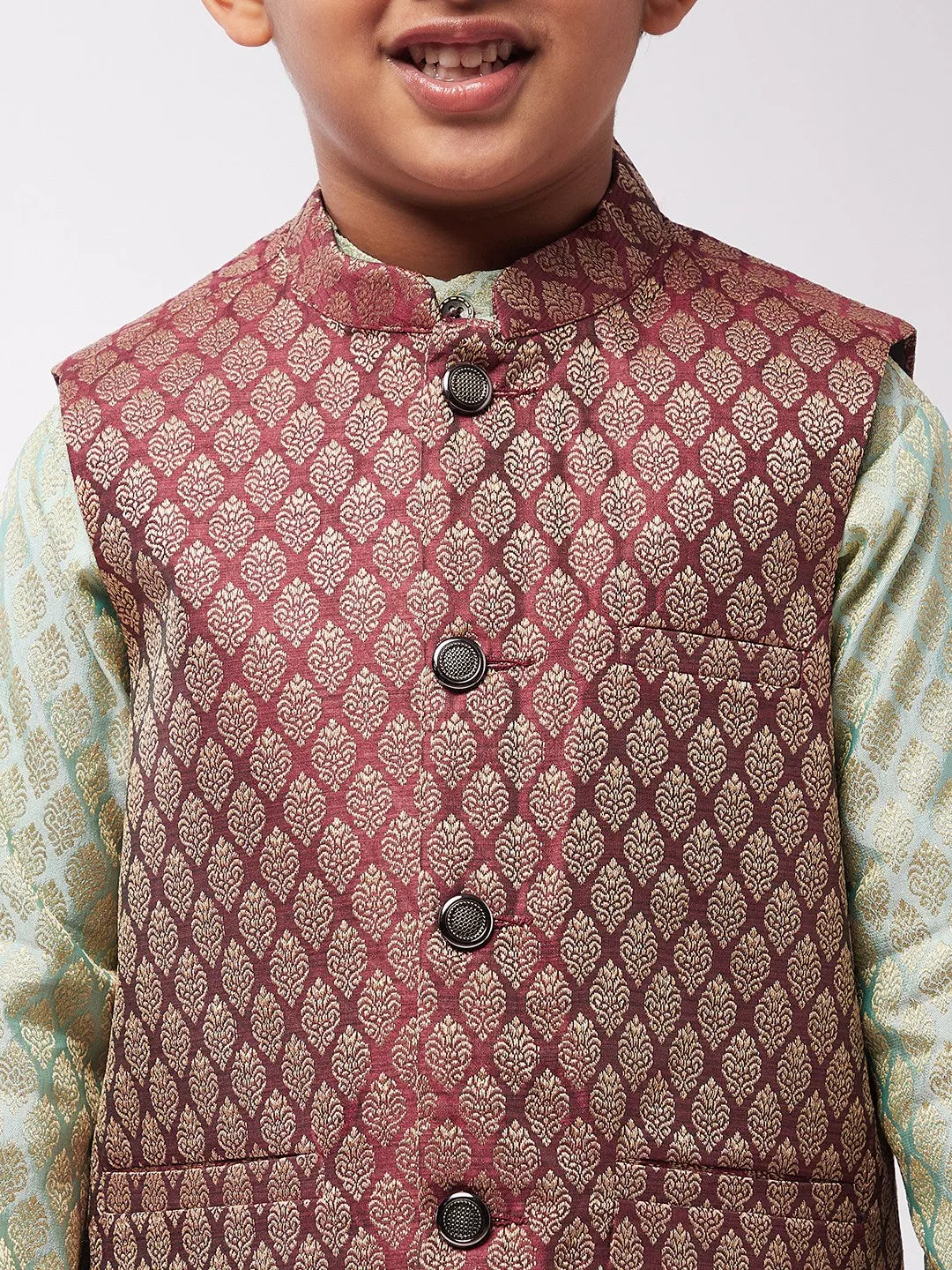 Kid's Jacquard Silk Pista Green Kurta & Maroon Nehrujacket With Off-White Churidaar Pyjama Combo - Sojanya KID