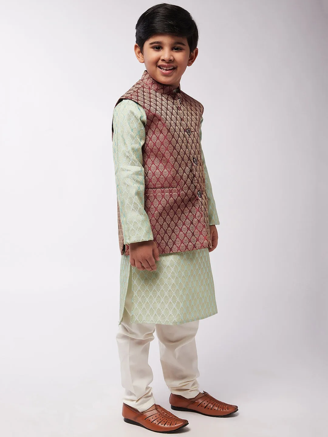 Kid's Jacquard Silk Pista Green Kurta & Maroon Nehrujacket With Off-White Churidaar Pyjama Combo - Sojanya KID