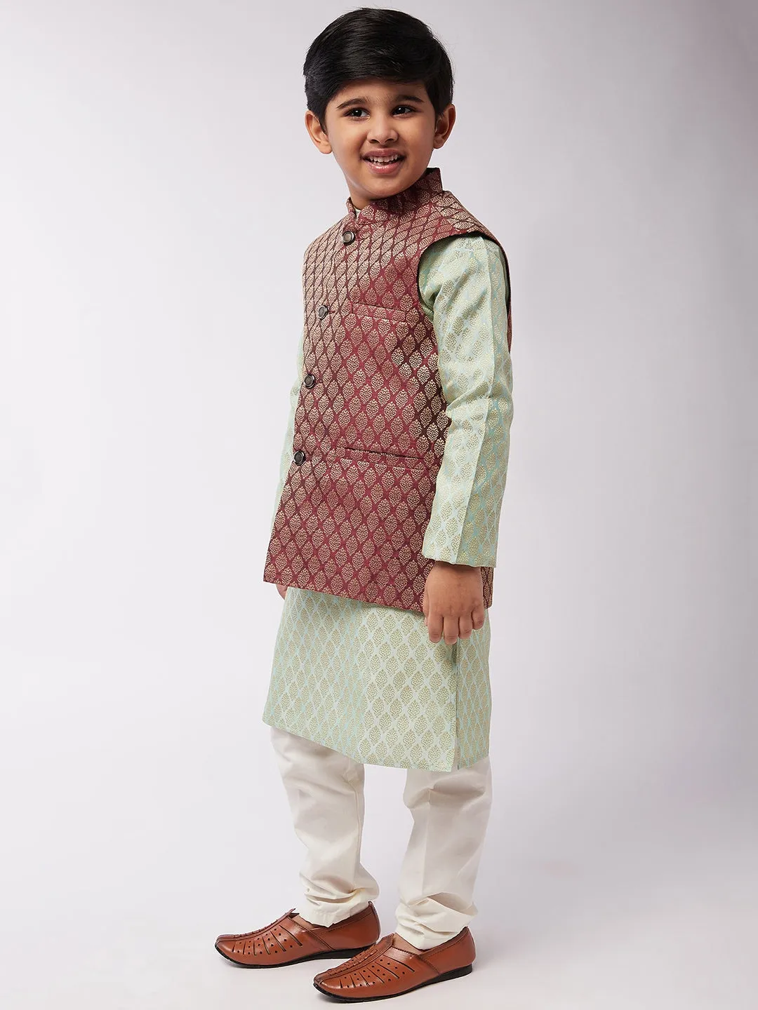 Kid's Jacquard Silk Pista Green Kurta & Maroon Nehrujacket With Off-White Churidaar Pyjama Combo - Sojanya KID