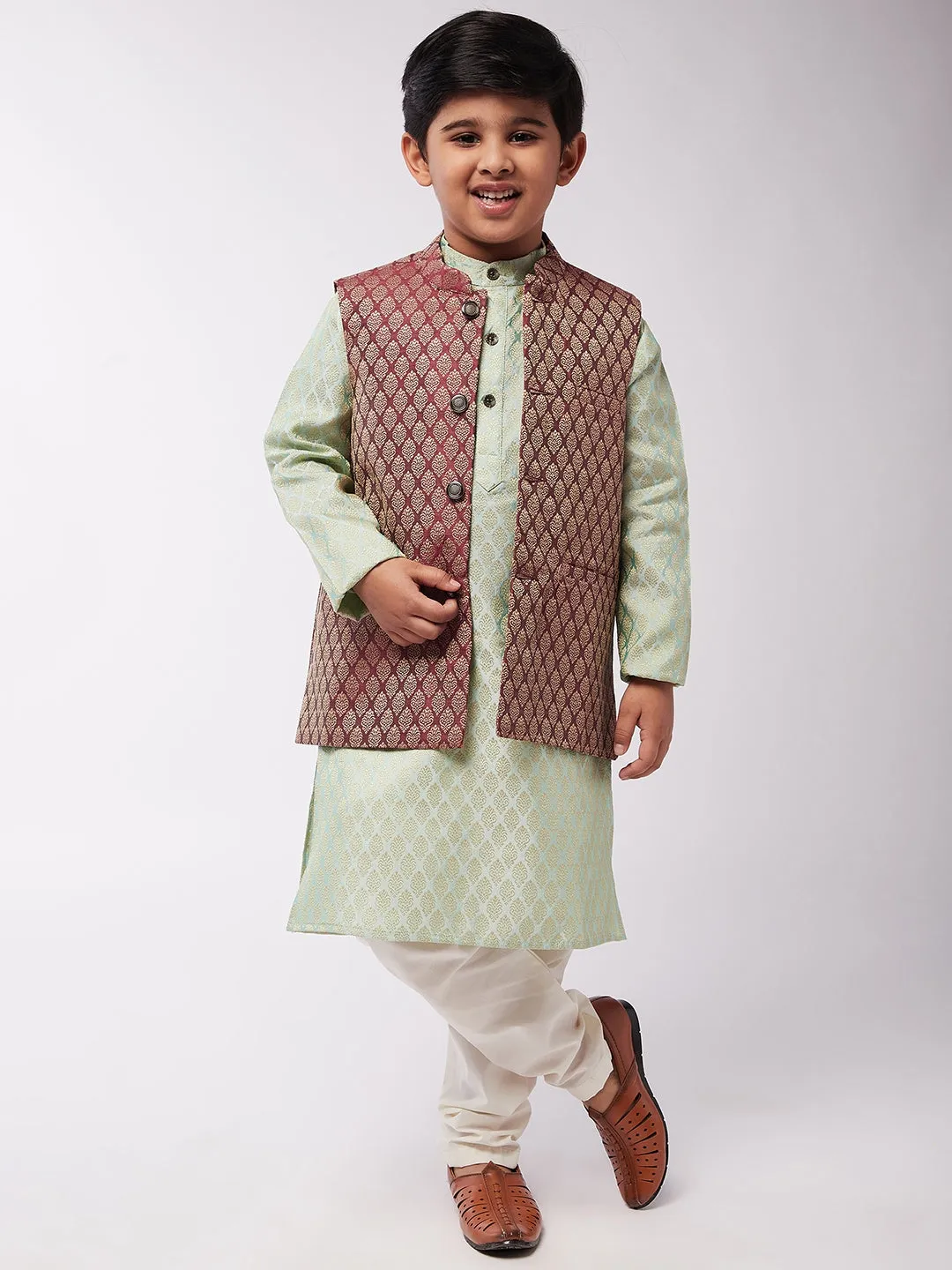 Kid's Jacquard Silk Pista Green Kurta & Maroon Nehrujacket With Off-White Churidaar Pyjama Combo - Sojanya KID