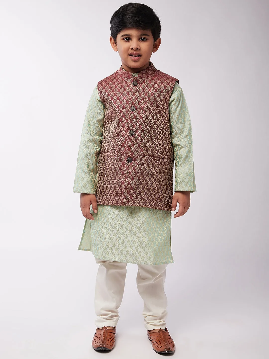 Kid's Jacquard Silk Pista Green Kurta & Maroon Nehrujacket With Off-White Churidaar Pyjama Combo - Sojanya KID