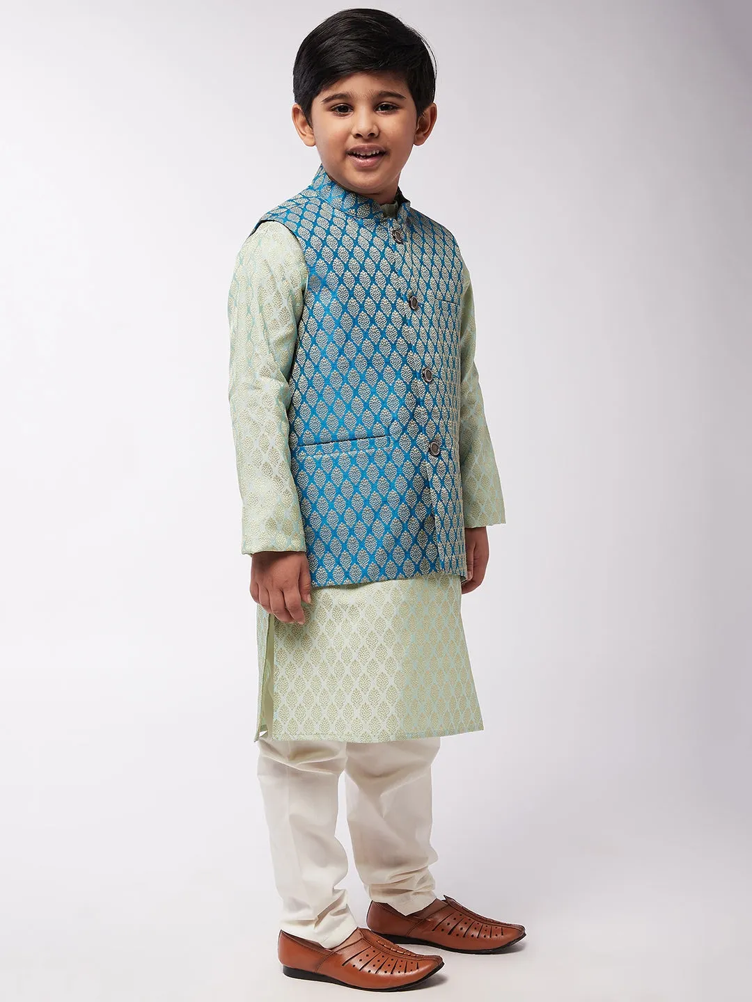 Kid's Jacquard Silk Pista Green Kurta & Peacock Blue Nehrujacket With Off-White Churidaar Pyjama - Sojanya KID