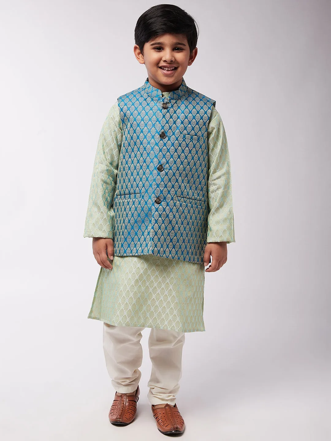 Kid's Jacquard Silk Pista Green Kurta & Peacock Blue Nehrujacket With Off-White Churidaar Pyjama - Sojanya KID