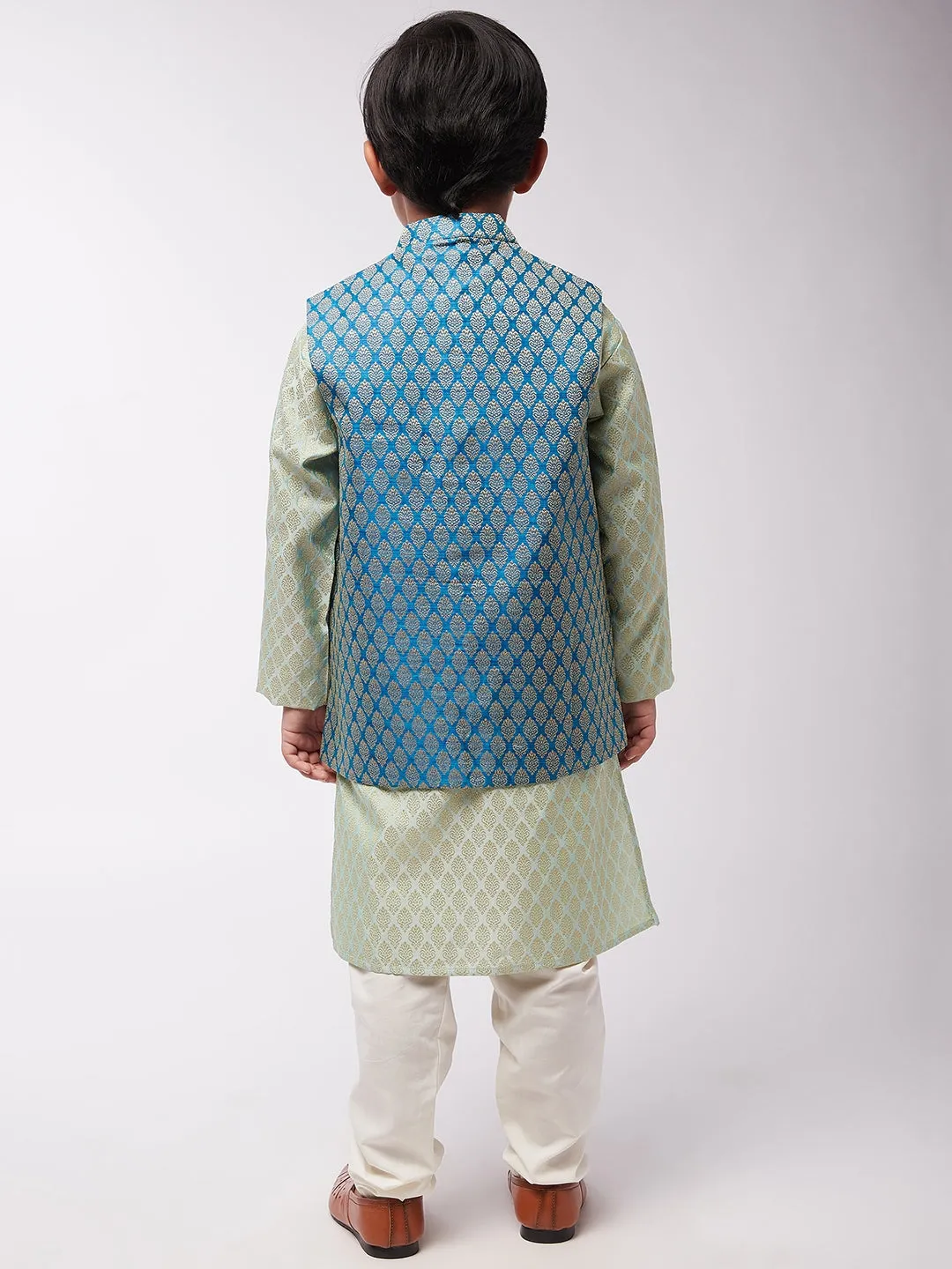 Kid's Jacquard Silk Pista Green Kurta & Peacock Blue Nehrujacket With Off-White Churidaar Pyjama - Sojanya KID