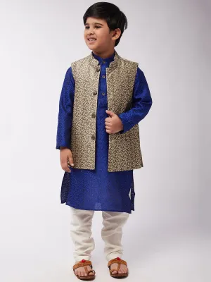 Kid's Jacquard Silk RBlue Kurta & Beige Nehrujacket With Off-White Churidar Pyjama Set  - Sojanya KID