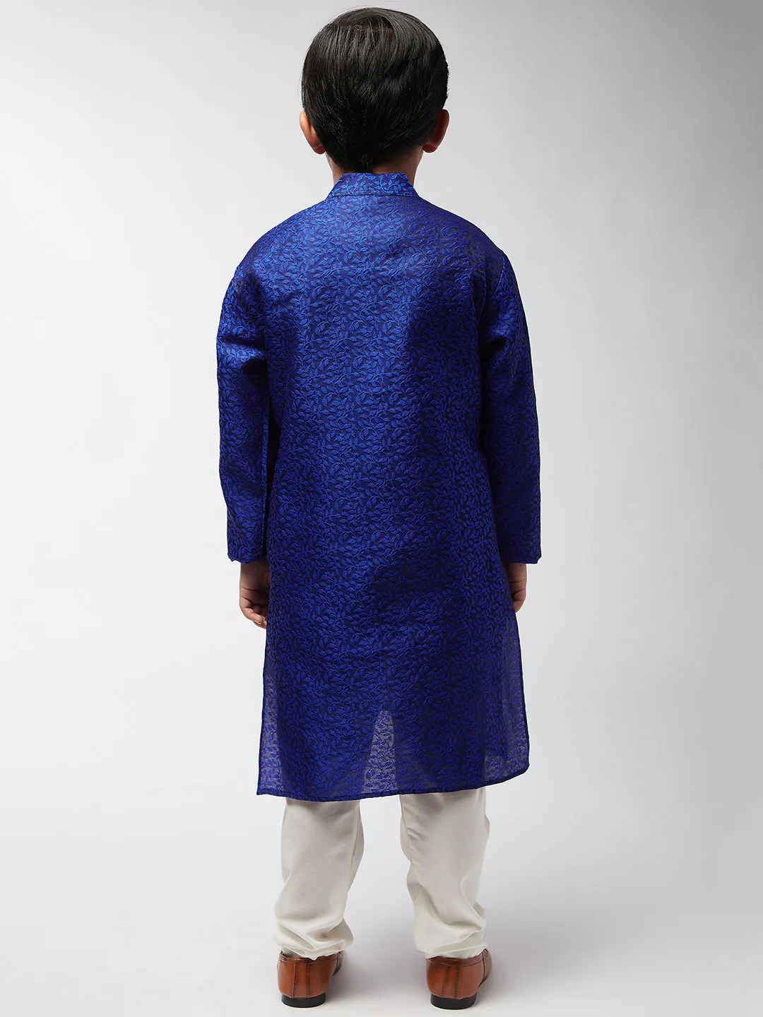 Kid's Jacquard Silk RBlue Self Design Kurta & Off-White Churidar Pyjama Set - Sojanya KID