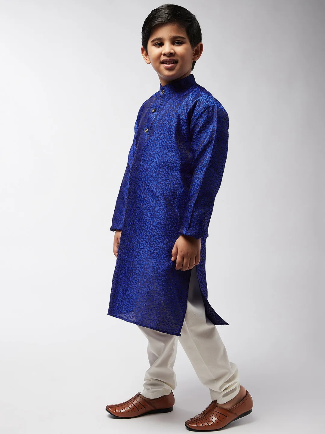 Kid's Jacquard Silk RBlue Self Design Kurta & Off-White Churidar Pyjama Set - Sojanya KID