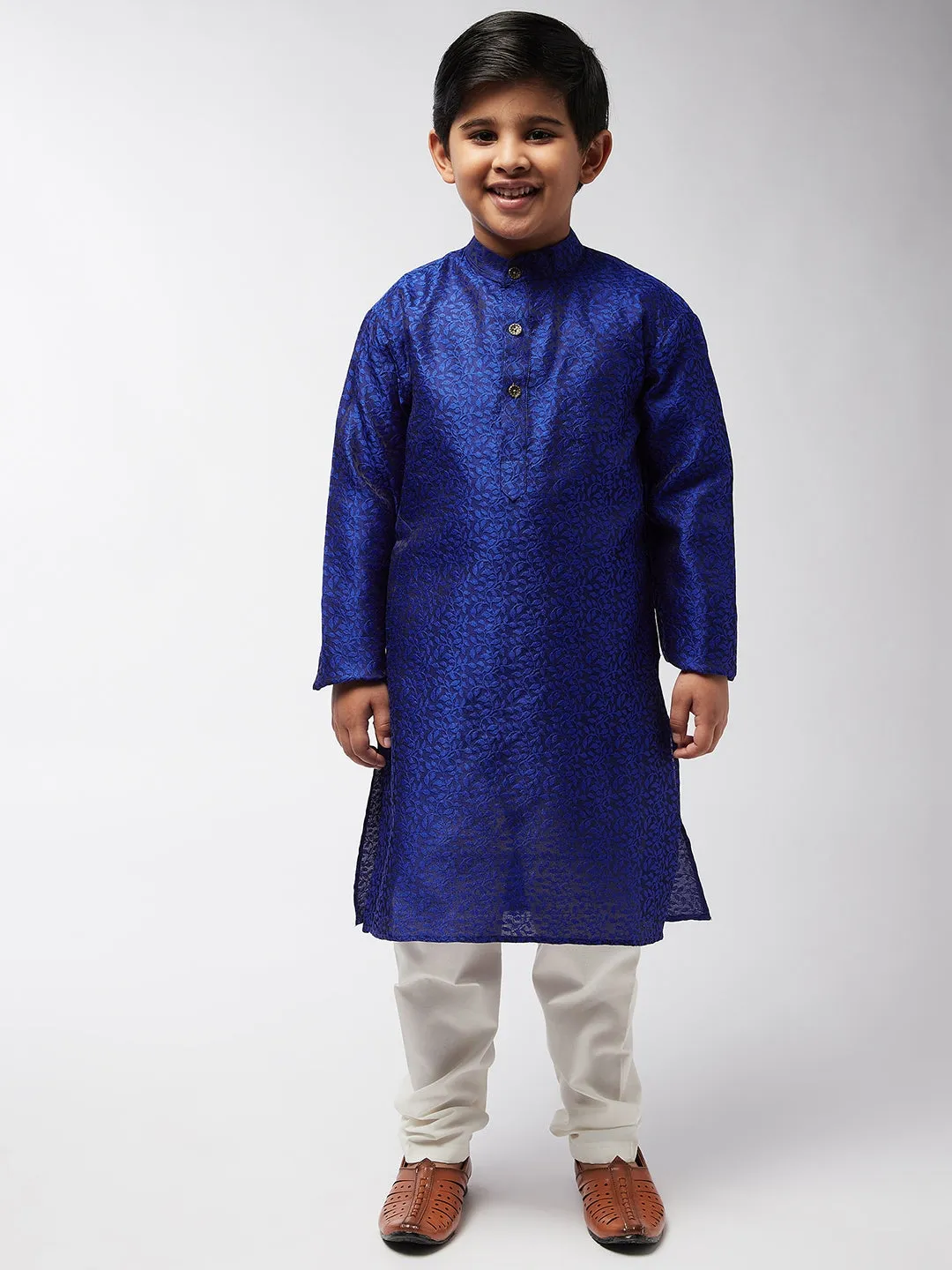 Kid's Jacquard Silk RBlue Self Design Kurta & Off-White Churidar Pyjama Set - Sojanya KID