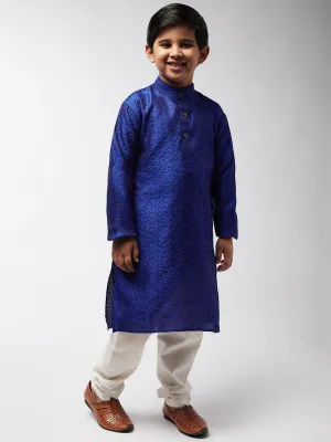 Kid's Jacquard Silk RBlue Self Design Kurta & Off-White Churidar Pyjama Set - Sojanya KID