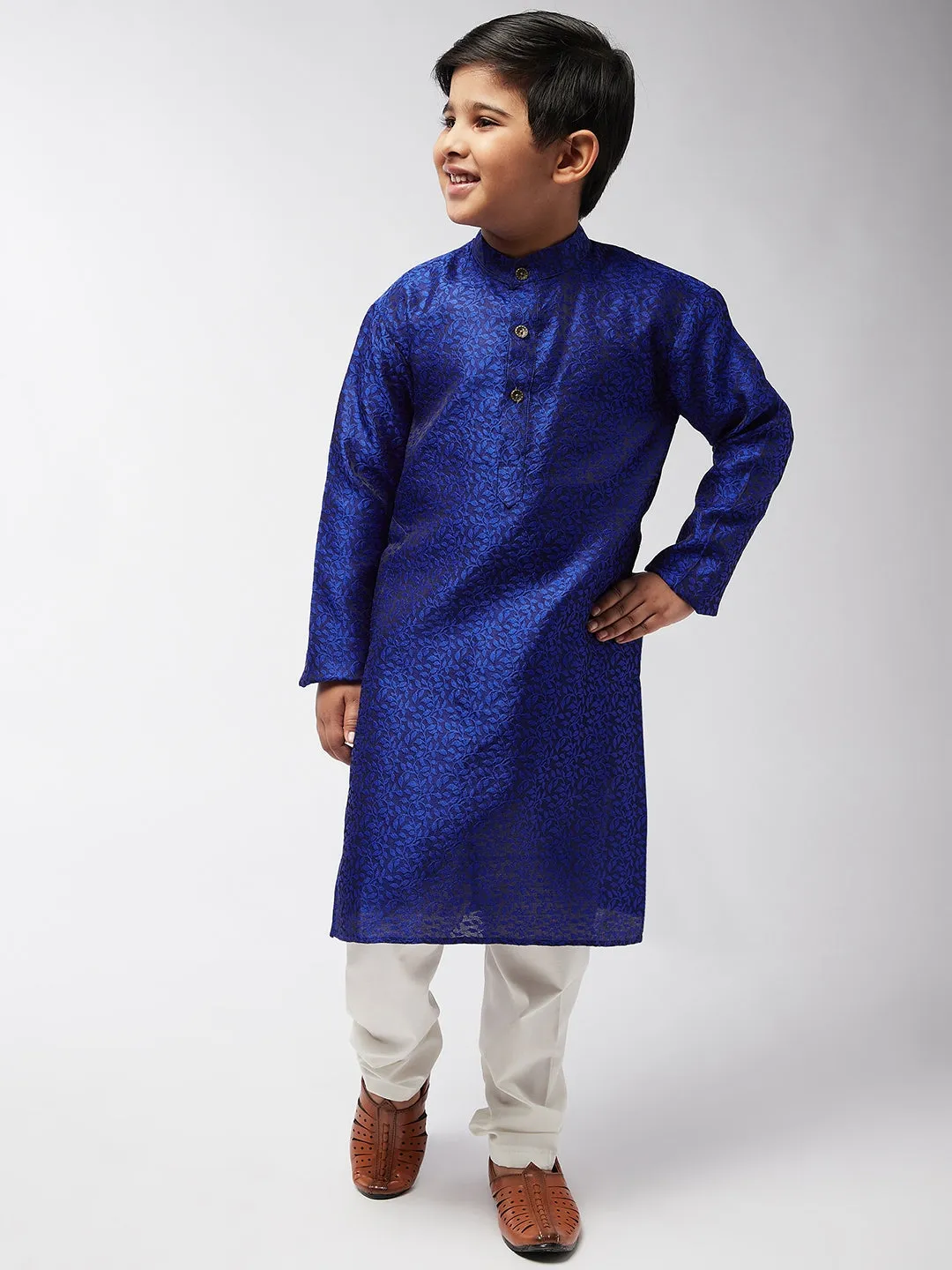 Kid's Jacquard Silk RBlue Self Design Kurta & Off-White Churidar Pyjama Set - Sojanya KID