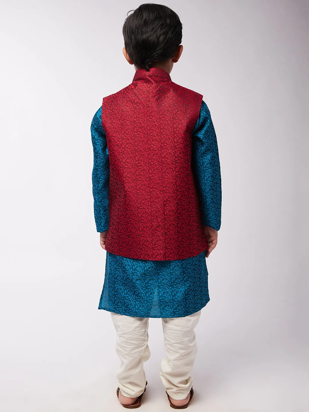 Kid's Jacquard Silk Teal Blue Kurta & Red Nehrujacket With Off-White Churidar Pyjama Set  - Sojanya KID