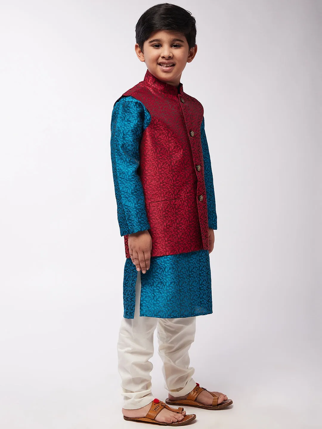 Kid's Jacquard Silk Teal Blue Kurta & Red Nehrujacket With Off-White Churidar Pyjama Set  - Sojanya KID