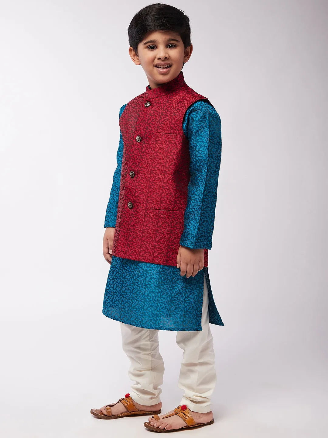 Kid's Jacquard Silk Teal Blue Kurta & Red Nehrujacket With Off-White Churidar Pyjama Set  - Sojanya KID