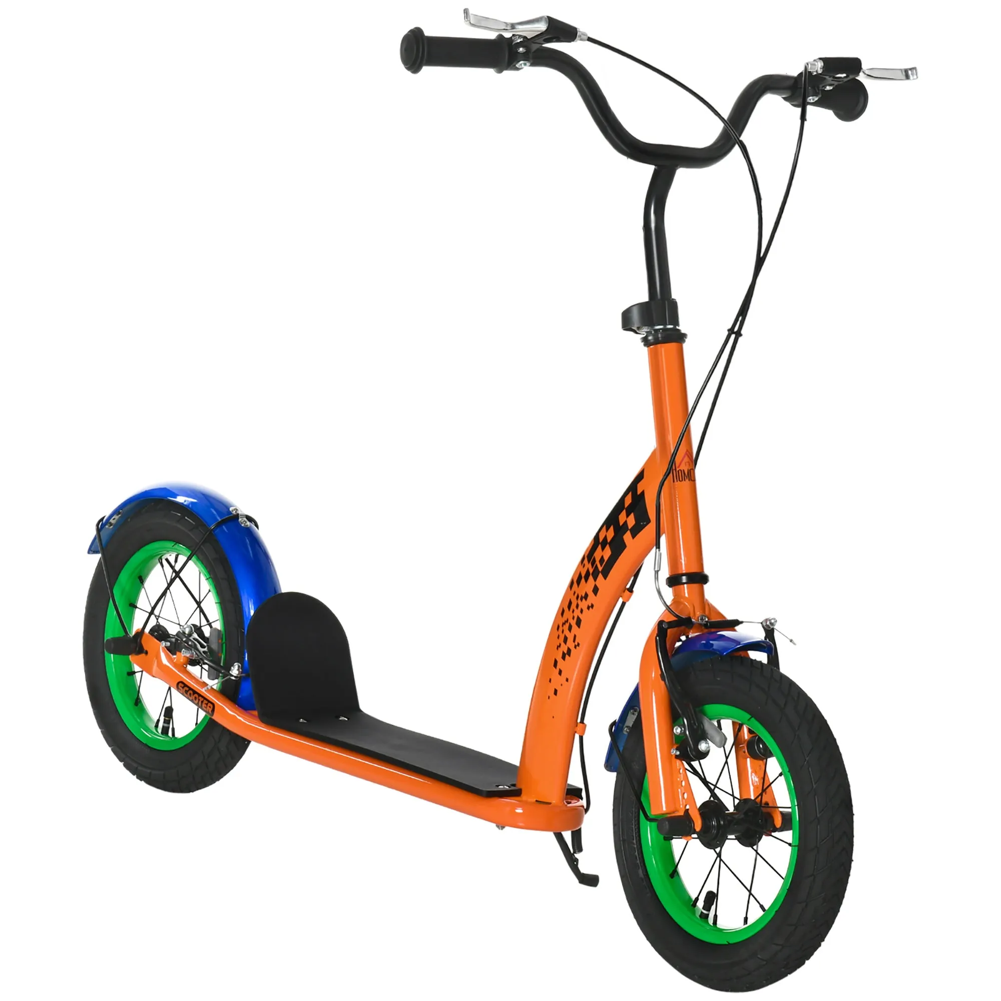 Kids Kick Scooter, Push Scooter, Adjustable Height, Front Rear Dual Brakes, 12-Inch Inflatable Rubber Wheels, for 5  Years, Orange