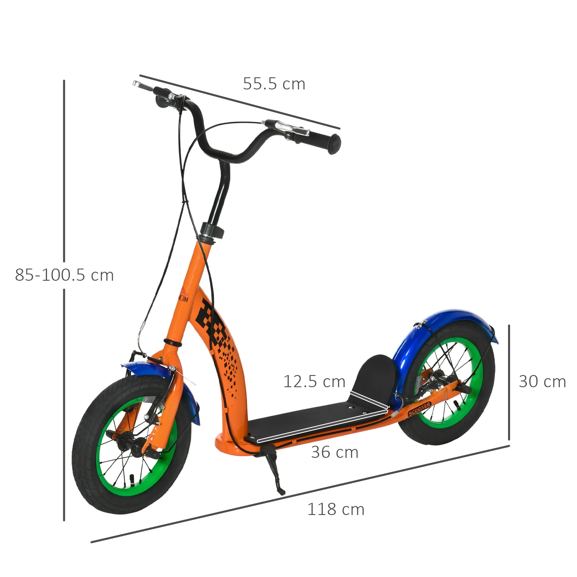 Kids Kick Scooter, Push Scooter, Adjustable Height, Front Rear Dual Brakes, 12-Inch Inflatable Rubber Wheels, for 5  Years, Orange