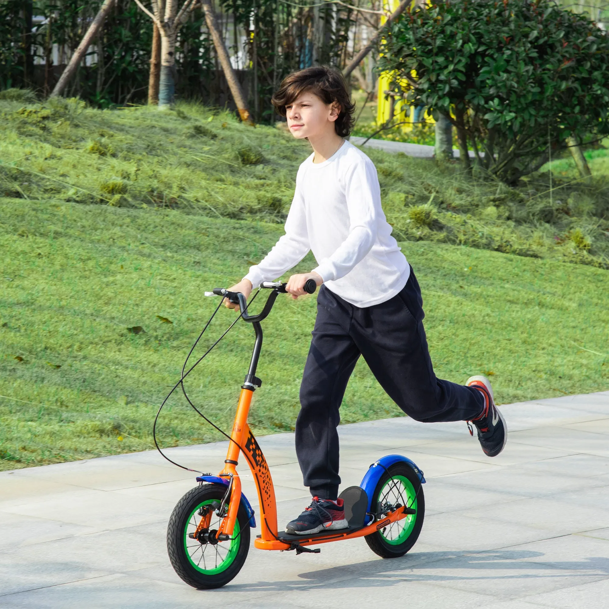 Kids Kick Scooter, Push Scooter, Adjustable Height, Front Rear Dual Brakes, 12-Inch Inflatable Rubber Wheels, for 5  Years, Orange