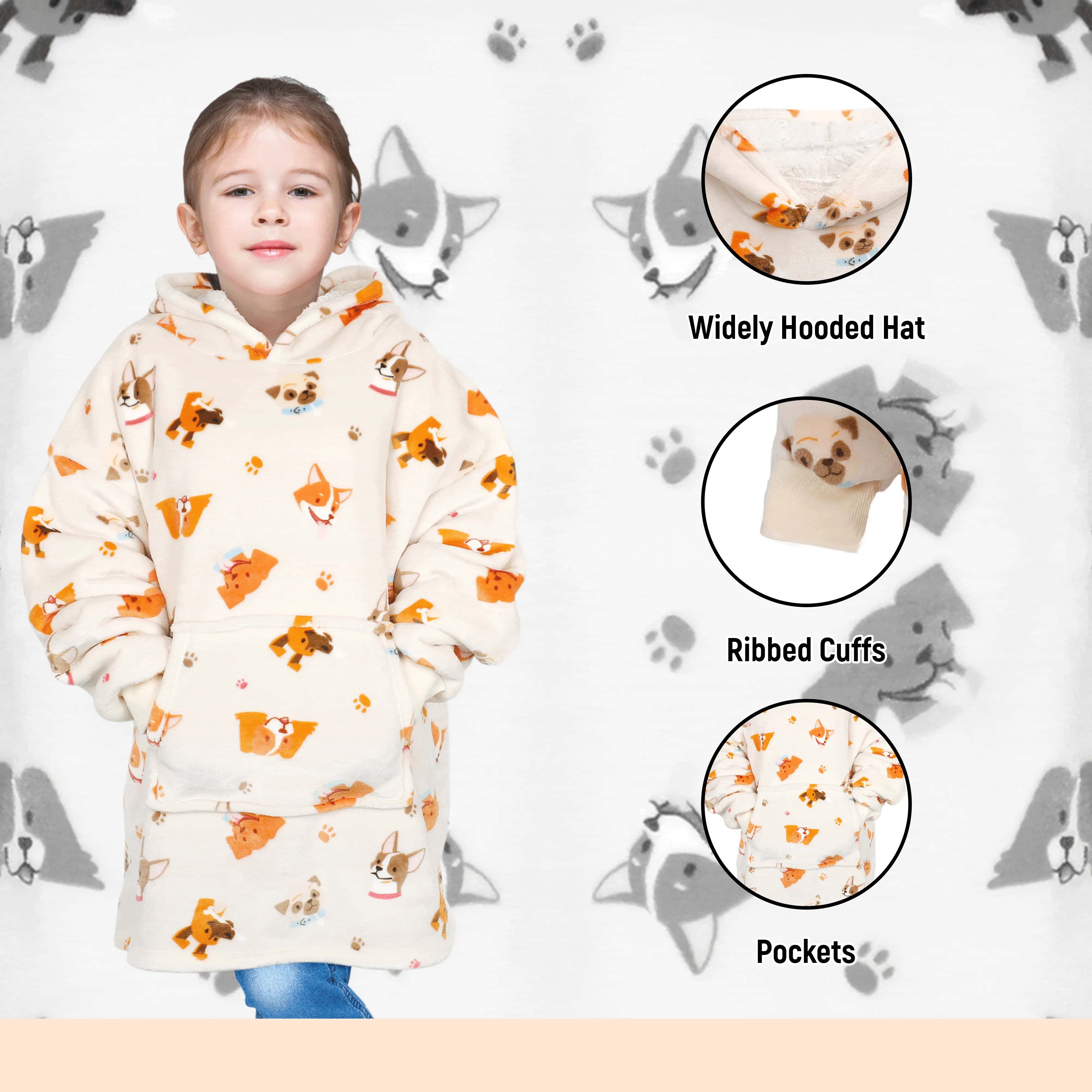 Kids Oversized Hooded Blanket Hoodie Sherpa Fur Fleece Dogs Pattern Ultra Soft Cozy Loungewear for Boys and Girls Aged 8-15 by Daisy Dreamer