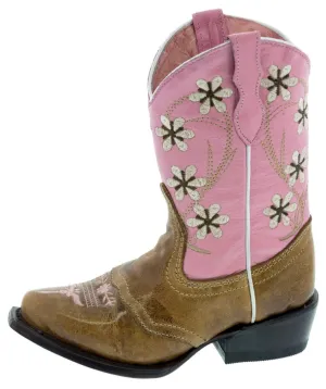 Kids Pink & Light Brown Western Cowboy Boots Floral Leather - Snip Toe