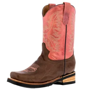 Kids Pink Western Cowboy Boots Stitched Leather Square Toe