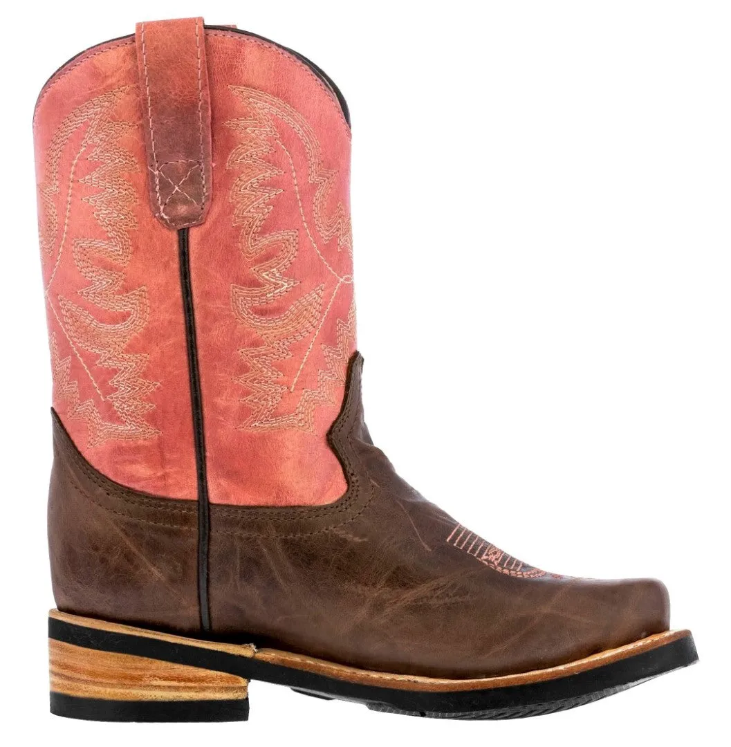 Kids Pink Western Cowboy Boots Stitched Leather Square Toe