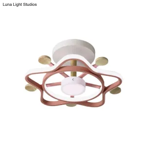 Kid's Pink/Blue Wood Pentagram LED Semi Flush Light - Ceiling Lighting for Baby Room in Warm/White Light