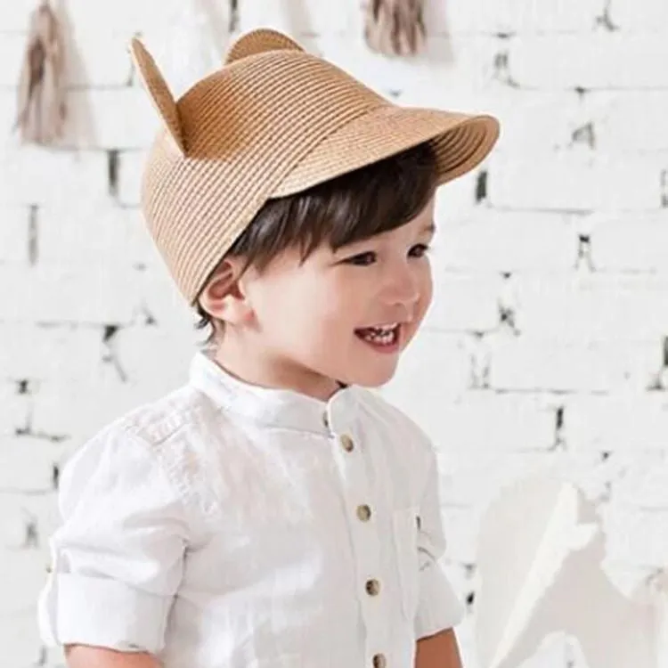 Kids Straw Hat With Mouse Ears Beige