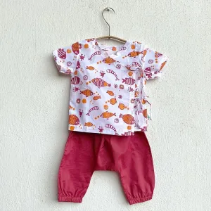 Kids Unisex Organic Cotton Koi Red Angarakha and Matching Pants