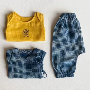 Kids Unisex Organic Cotton Zoo Bag- Yellow Jhabla, Angarakha and Pants