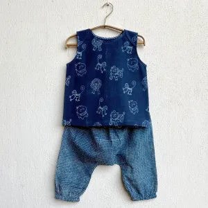 Kids Unisex Organic Cotton Zoo Jhabla with Indigo Check Pants