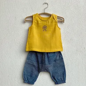 Kids Unisex Organic Cotton Zoo Yellow Jhabla with Indigo Pants