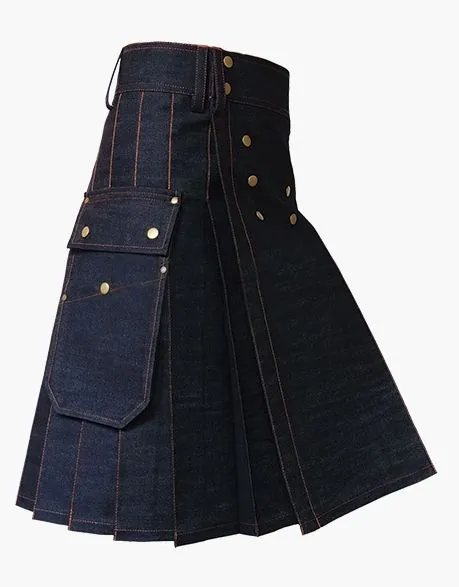 KILT IN BLACK DENIM WITH A STUDDED APRON