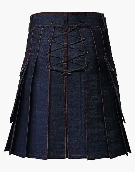 KILT IN BLACK DENIM WITH A STUDDED APRON