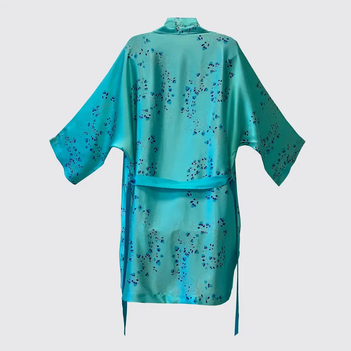 Kimono Silk Robe - Turquoise With Fibonacci Floral Design