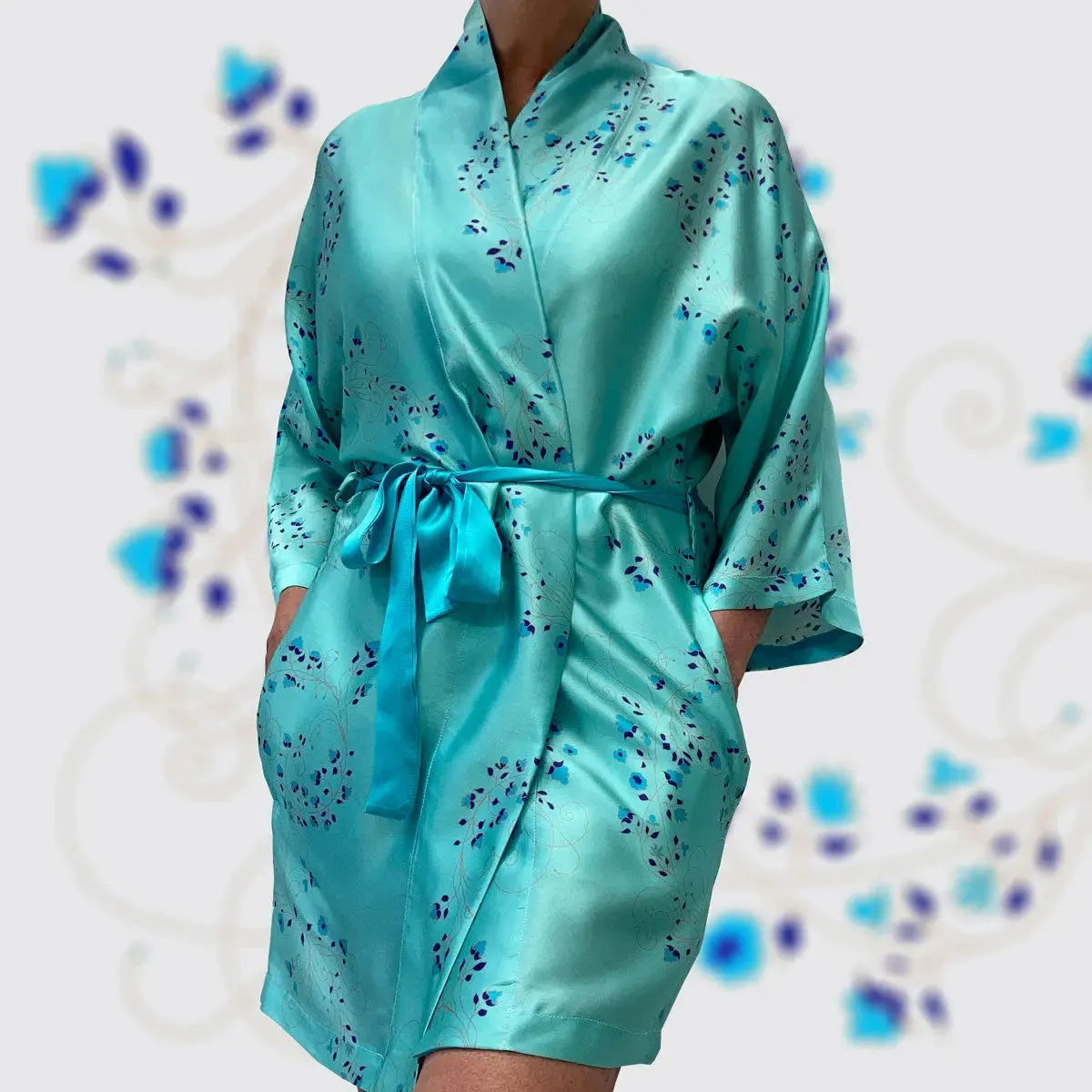 Kimono Silk Robe - Turquoise With Fibonacci Floral Design