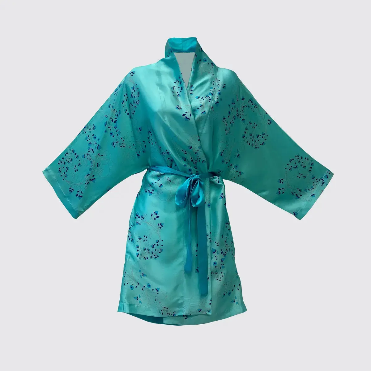 Kimono Silk Robe - Turquoise With Fibonacci Floral Design