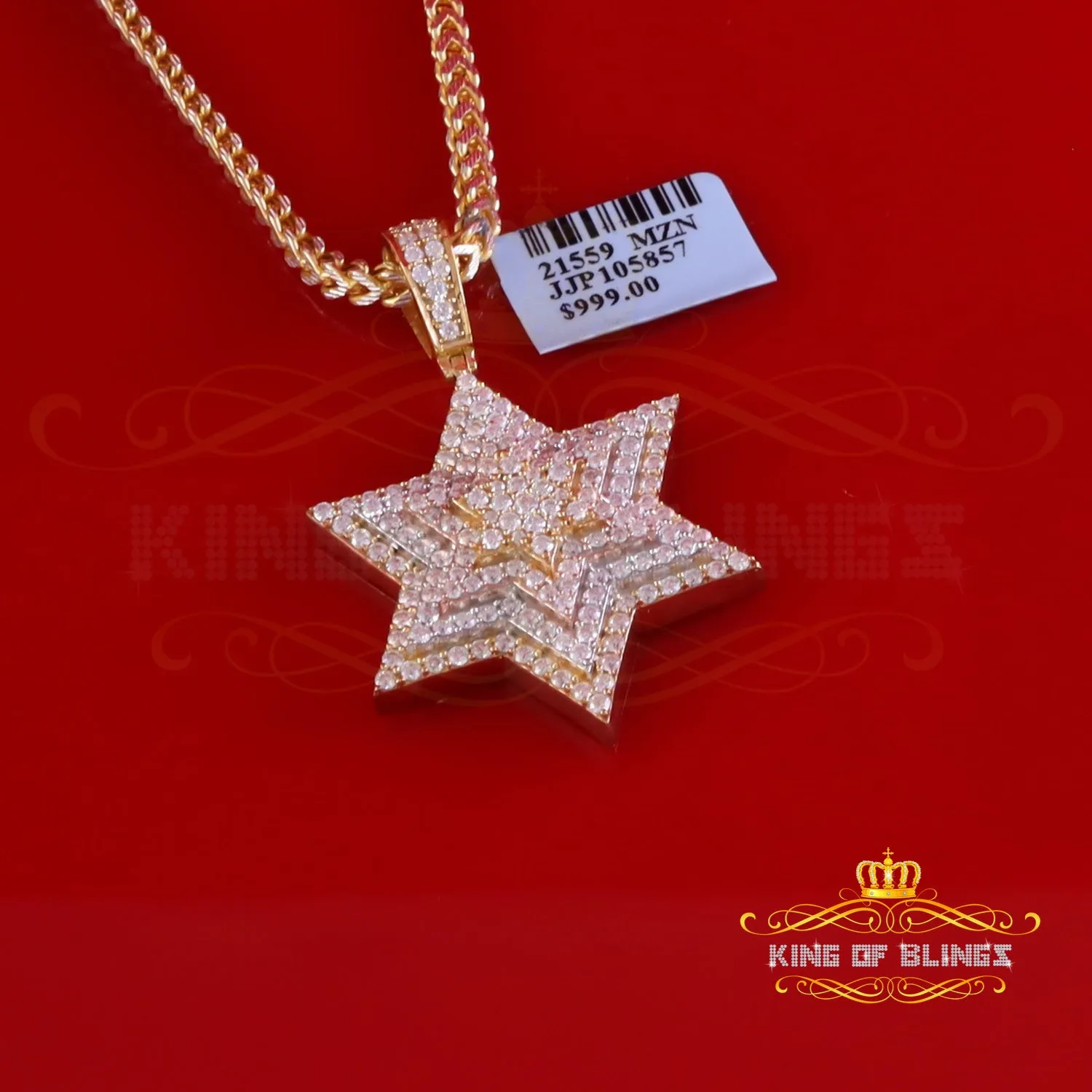 King Of Bling's 2.50ct VVS 'D' Moissanite Yellow Men's Six Pointed Star of David Silver Pendant