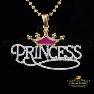 King Of Bling's 3ct Real Moissanite 925 Silver "PRINCESS" with Pink Enamel CROWN Yellow Pendant