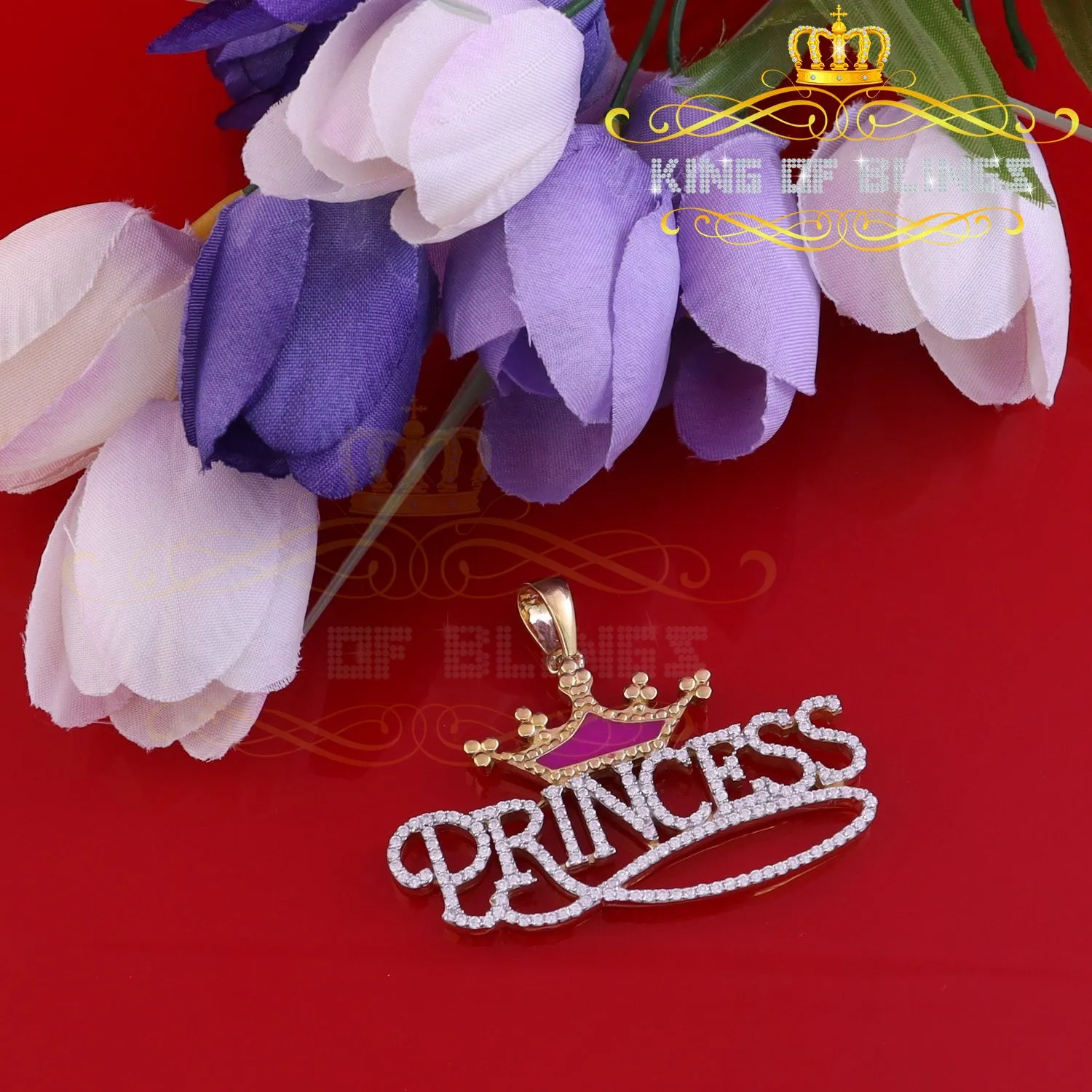 King Of Bling's 3ct Real Moissanite 925 Silver "PRINCESS" with Pink Enamel CROWN Yellow Pendant