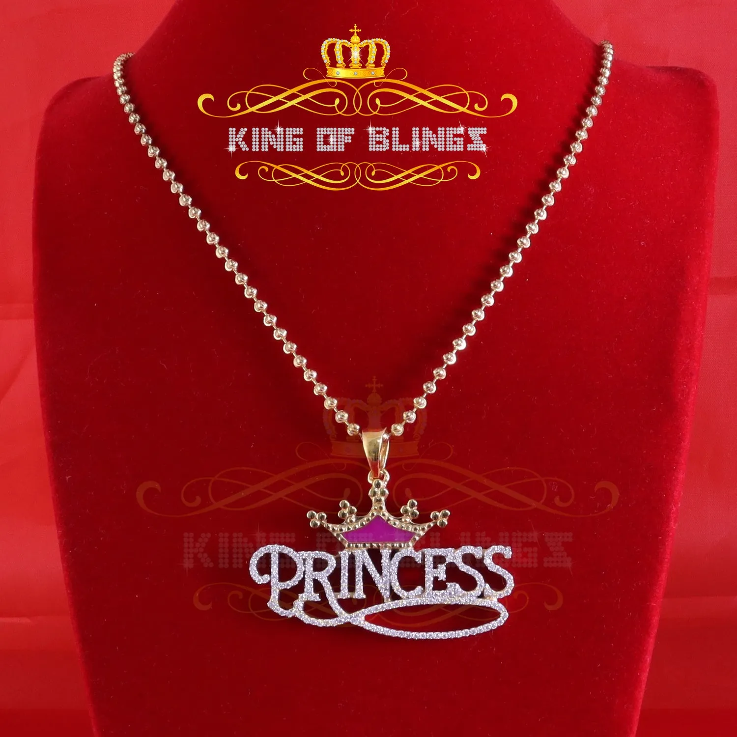 King Of Bling's 3ct Real Moissanite 925 Silver "PRINCESS" with Pink Enamel CROWN Yellow Pendant